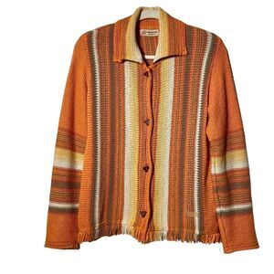 Vintage Genoa Orange Stripe Fringe Collared Cardigan Sweater M